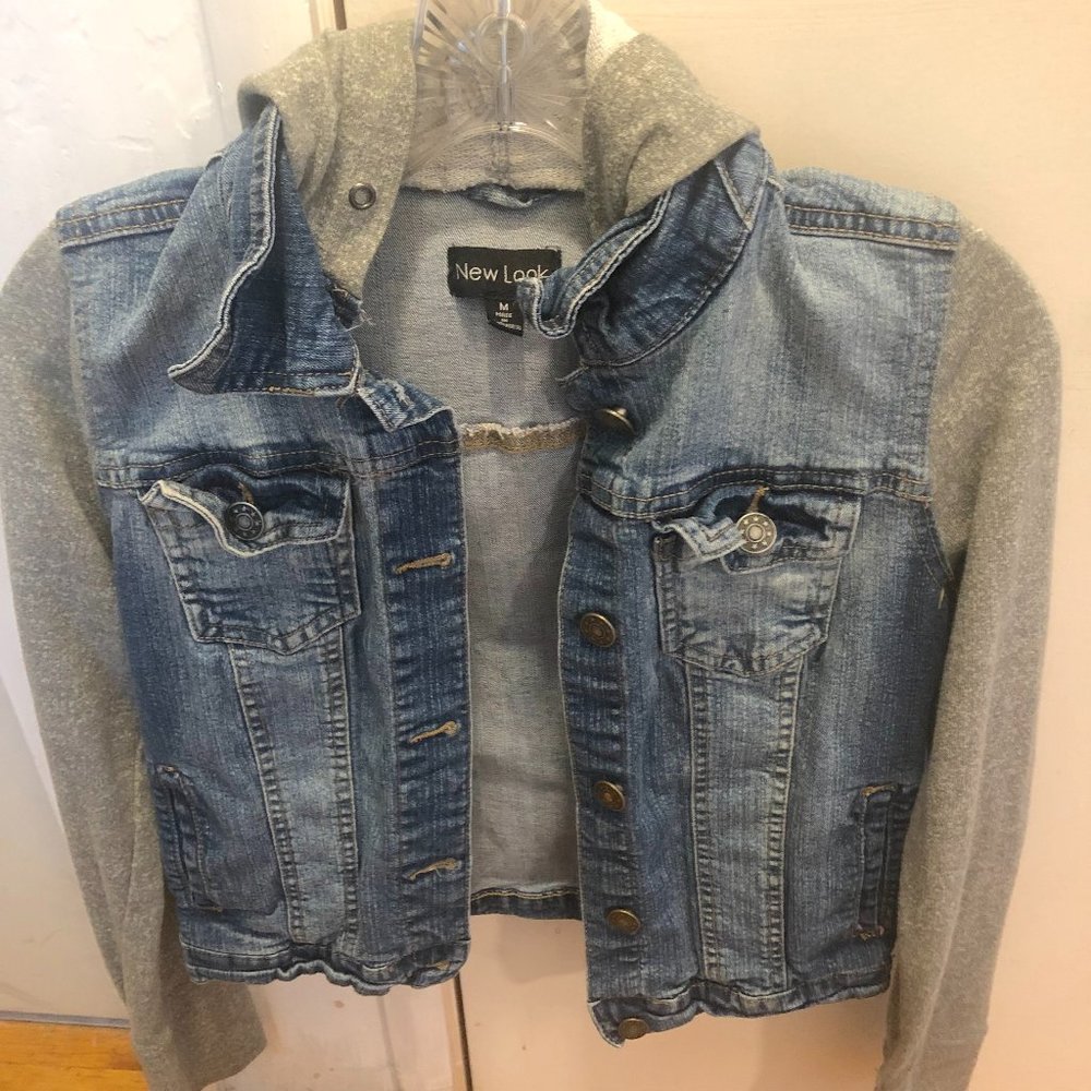 EUC New Look Jean Jacket with sweatshirt sleeves and hood.  Size M